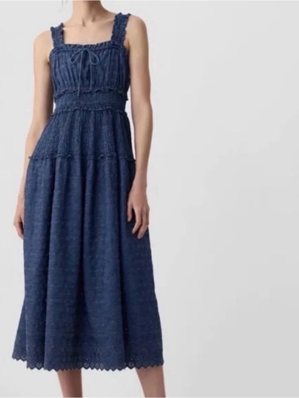 GAPxDoen - Denim Eyelet Midi Dress with Smocked Details, Cotton, Stretchy, Sz M
